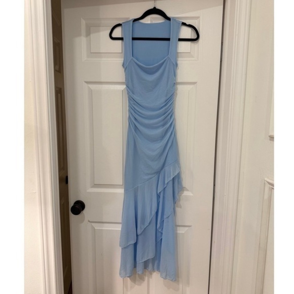 Light Blue Ruched Ruffle Asymmetrical Maxi Dress Sleeveless Square Neck Small - Picture 2 of 7